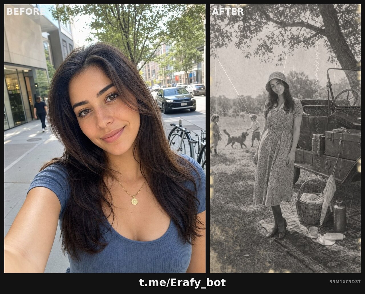Send a selfie to Erafy Bot a woman in a blue dress is posing for a photo